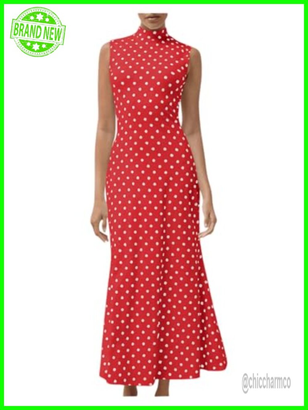 Vintage Polka Dot Bodycon Maxi Dress Mock Neck Sleeveless Fishtail